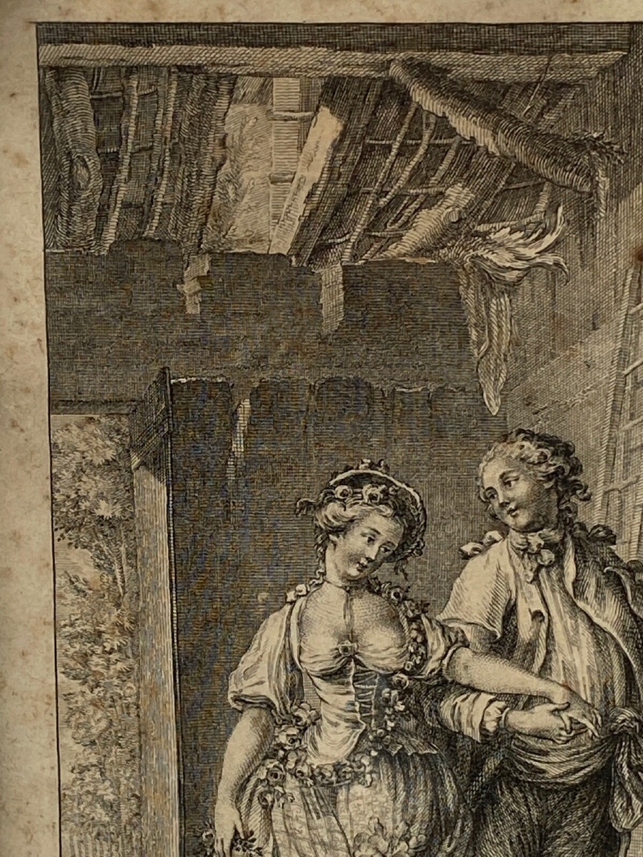 Gravure XVIIIe à Paris chez Martinet scène d'intérieur cadre doré-photo-3