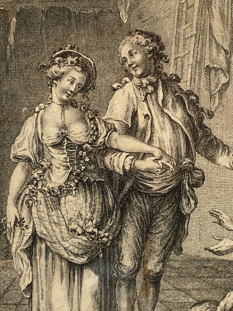 Gravure XVIIIe à Paris chez Martinet scène d'intérieur cadre doré-photo-3