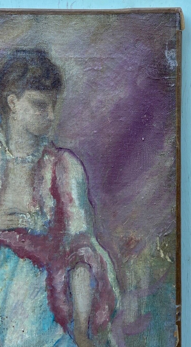 Huile sur toile femme en tenue de soirée début XXe-photo-4