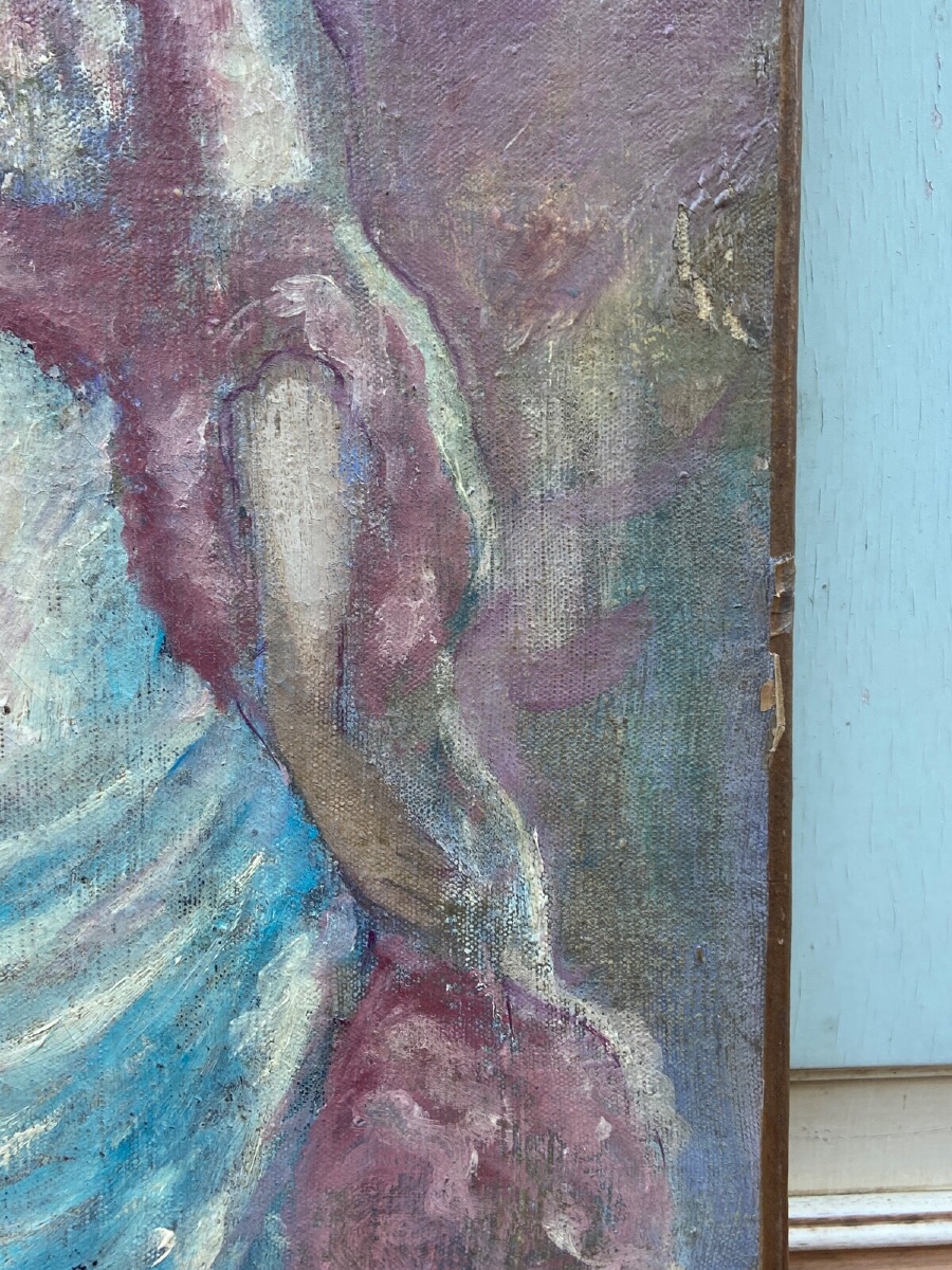 Huile sur toile femme en tenue de soirée début XXe-photo-5
