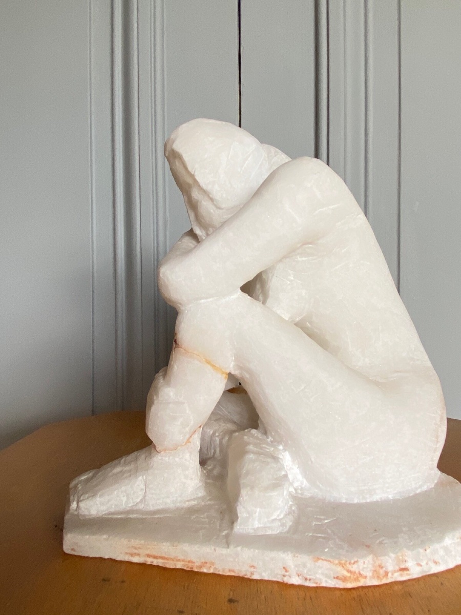 Direct Carving Sculpture In Onyx Stone, Kneeling Woman, 20th Century-photo-4