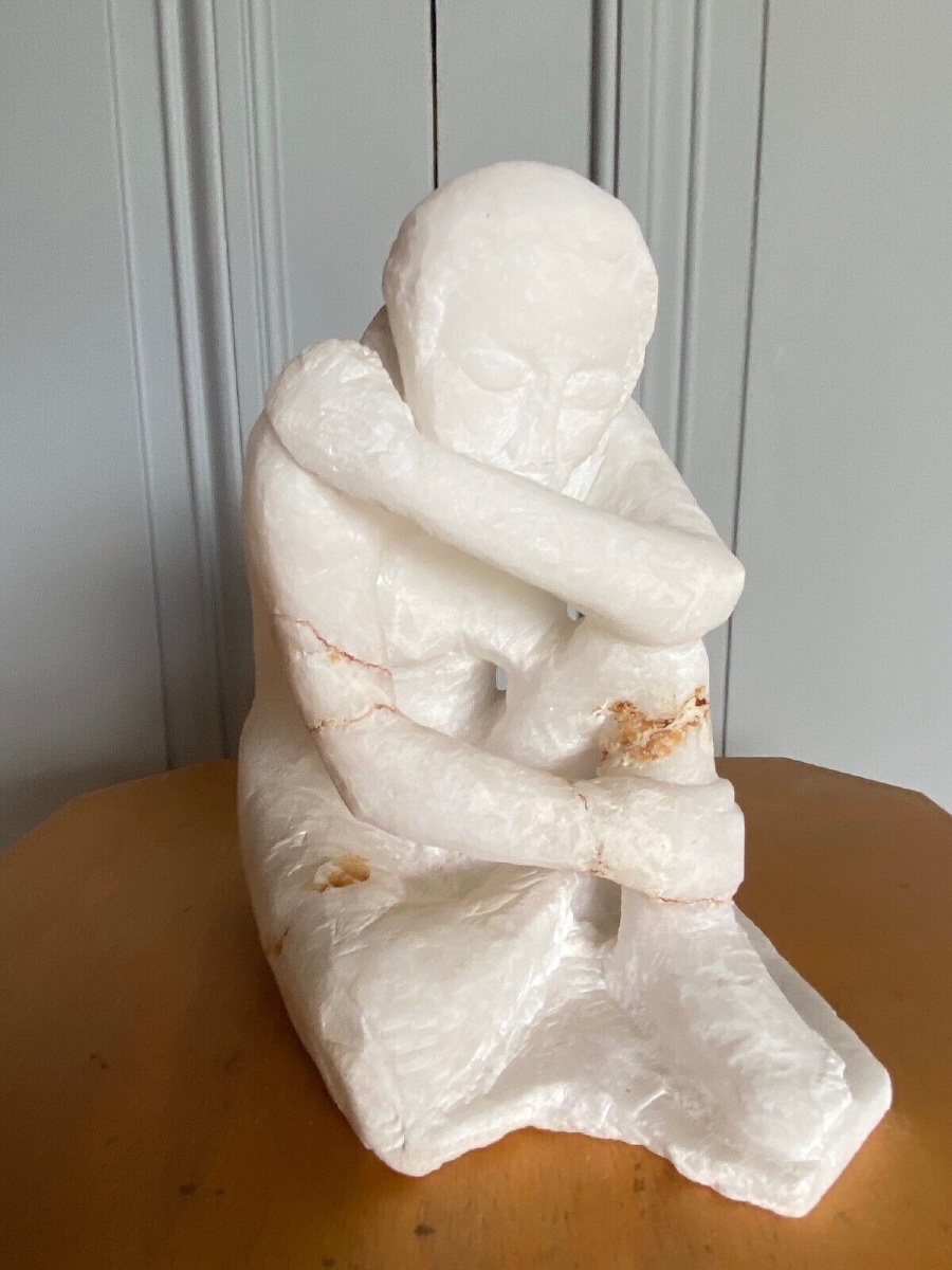 Direct Carving Sculpture In Onyx Stone, Kneeling Woman, 20th Century-photo-8