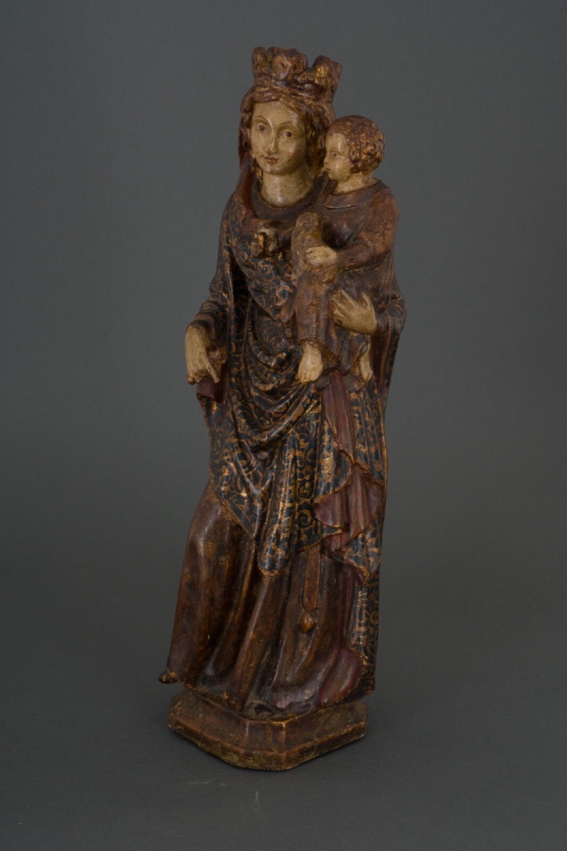 Vierge à l'Enfant en bois sculpté polychrome fin XVIIIe grande taille-photo-3