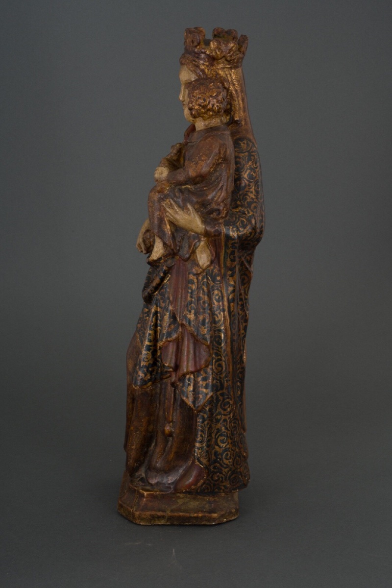 Vierge à l'Enfant en bois sculpté polychrome fin XVIIIe grande taille-photo-4