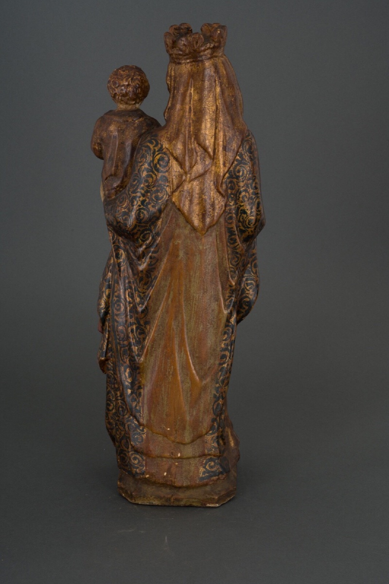 Vierge à l'Enfant en bois sculpté polychrome fin XVIIIe grande taille-photo-1