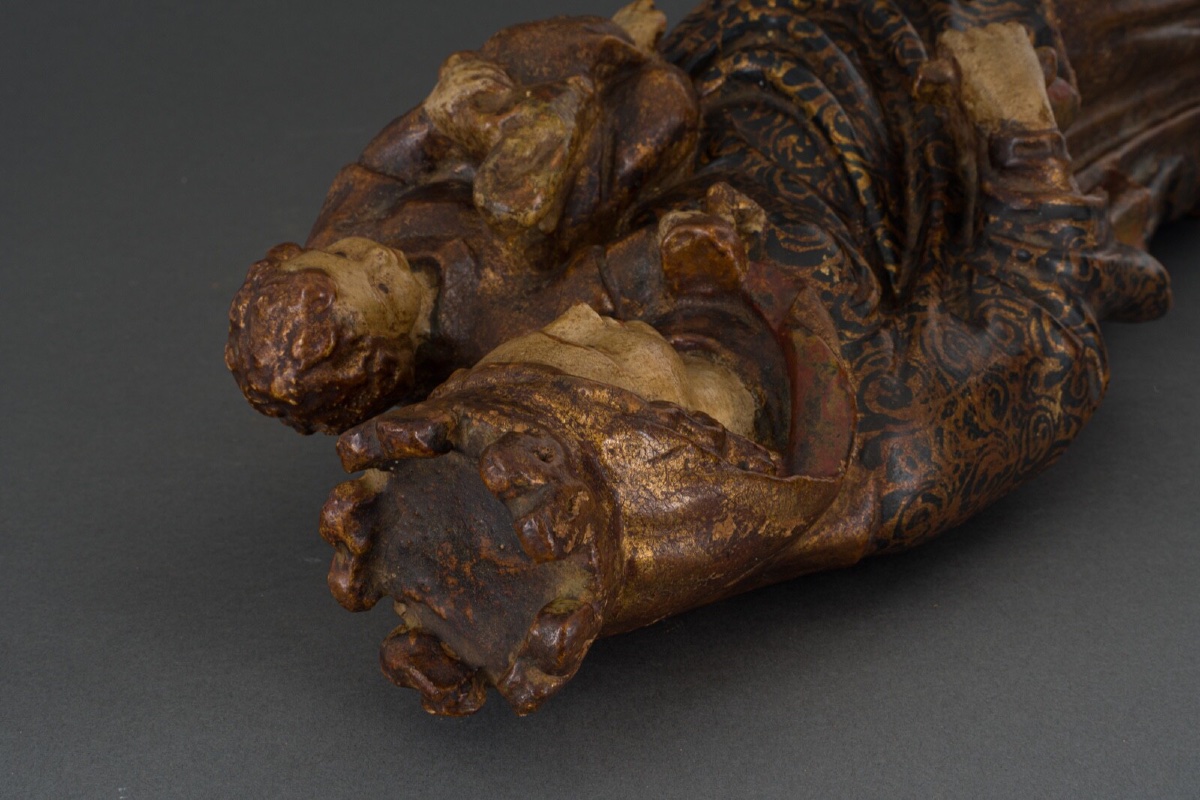 Vierge à l'Enfant en bois sculpté polychrome fin XVIIIe grande taille-photo-6