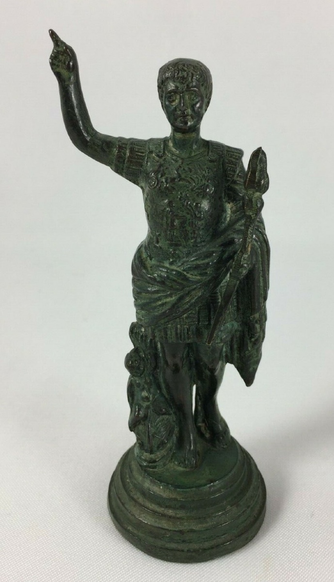 Bronze Figure In Antique Style, Green Patina, Roman Dignitary, 19th Century