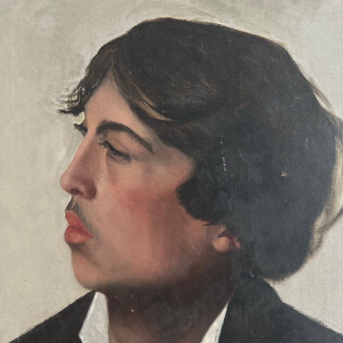 Oil On Canvas Portrait Of A Young Man In Profile, Late 19th Century-photo-3