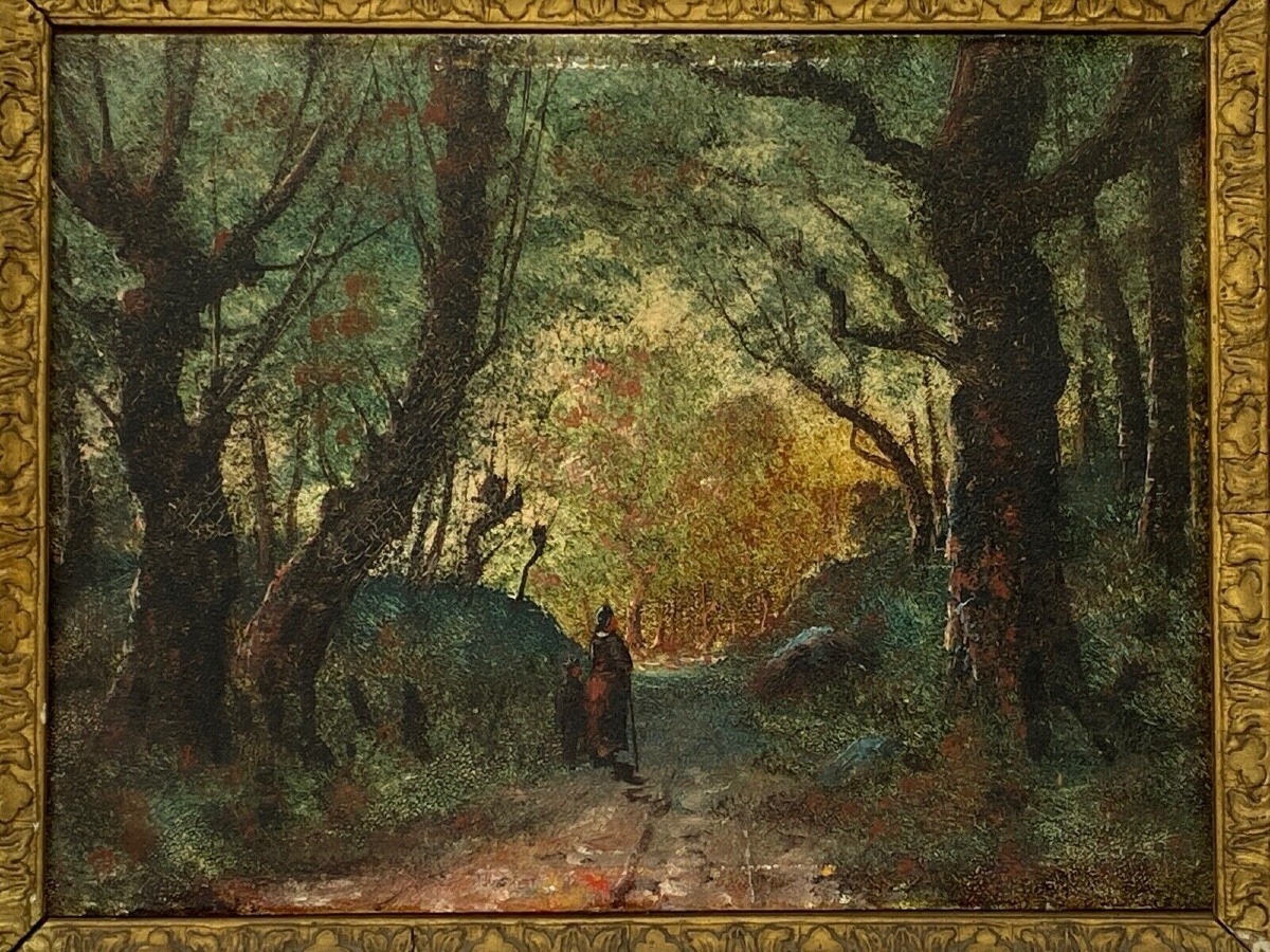 Huile sur panneau Barbizon fin XIXe femme à l'enfant chemin sous-bois-photo-2