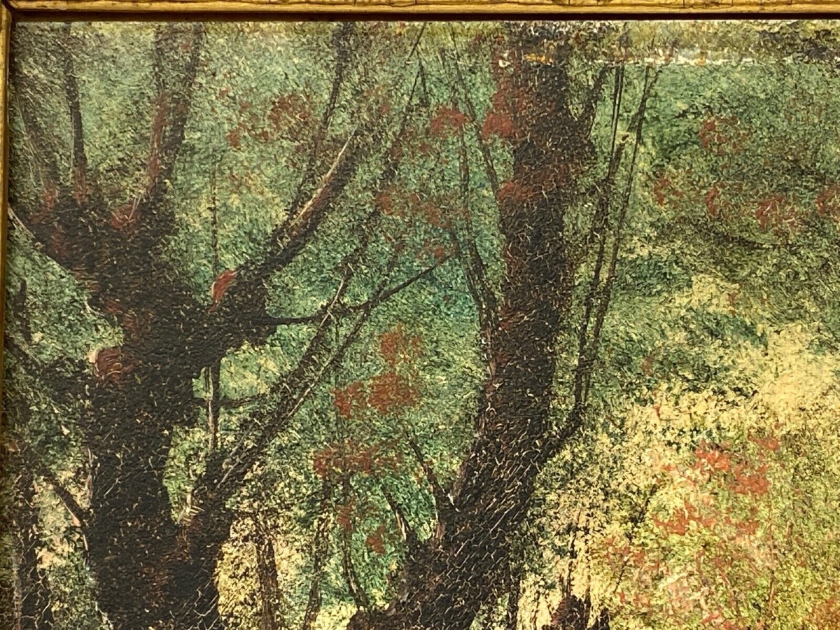 Huile sur panneau Barbizon fin XIXe femme à l'enfant chemin sous-bois-photo-4