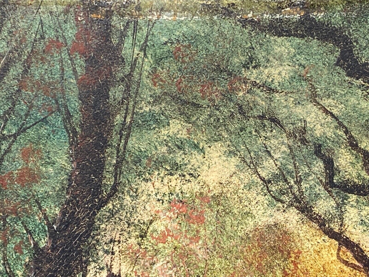 Huile sur panneau Barbizon fin XIXe femme à l'enfant chemin sous-bois-photo-1