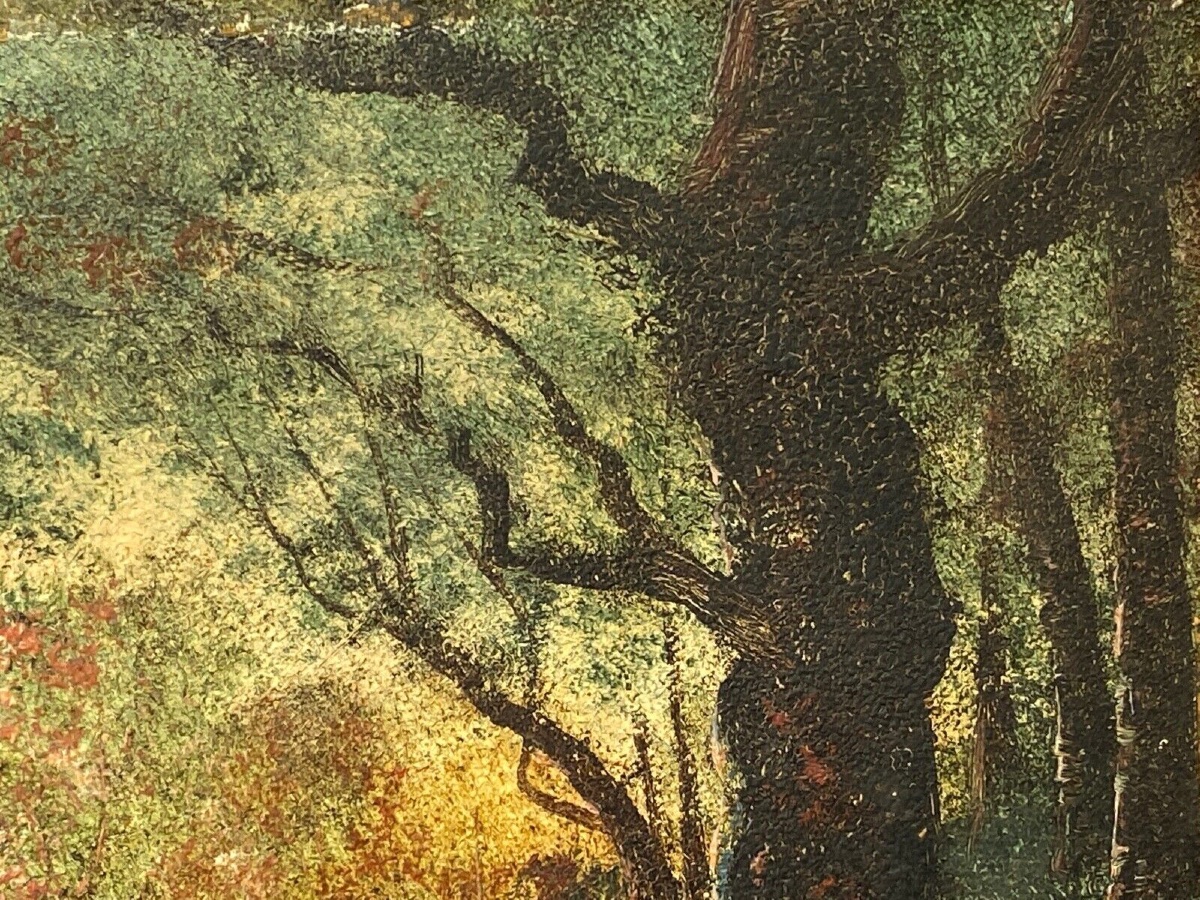 Huile sur panneau Barbizon fin XIXe femme à l'enfant chemin sous-bois-photo-2