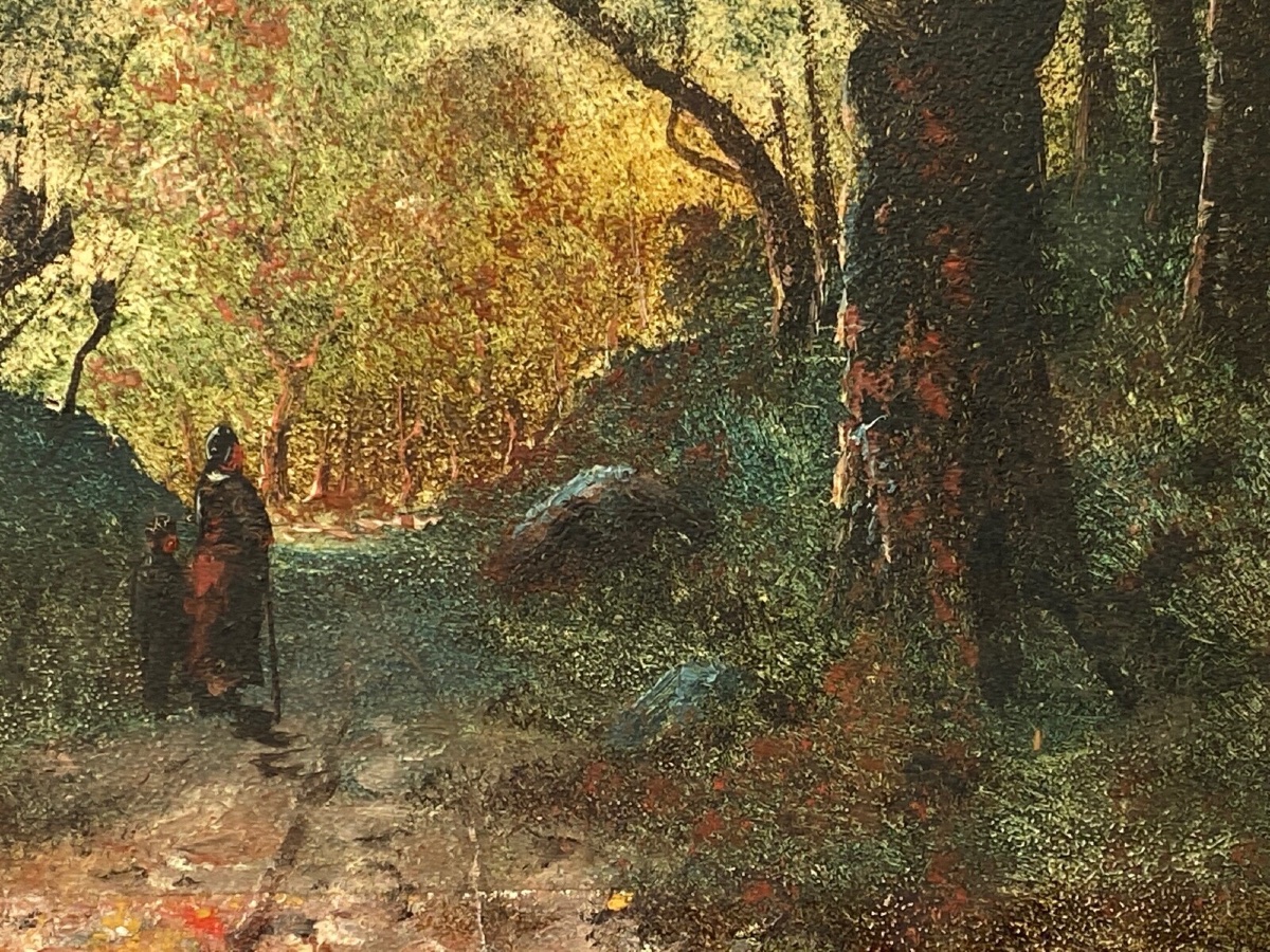 Huile sur panneau Barbizon fin XIXe femme à l'enfant chemin sous-bois-photo-3