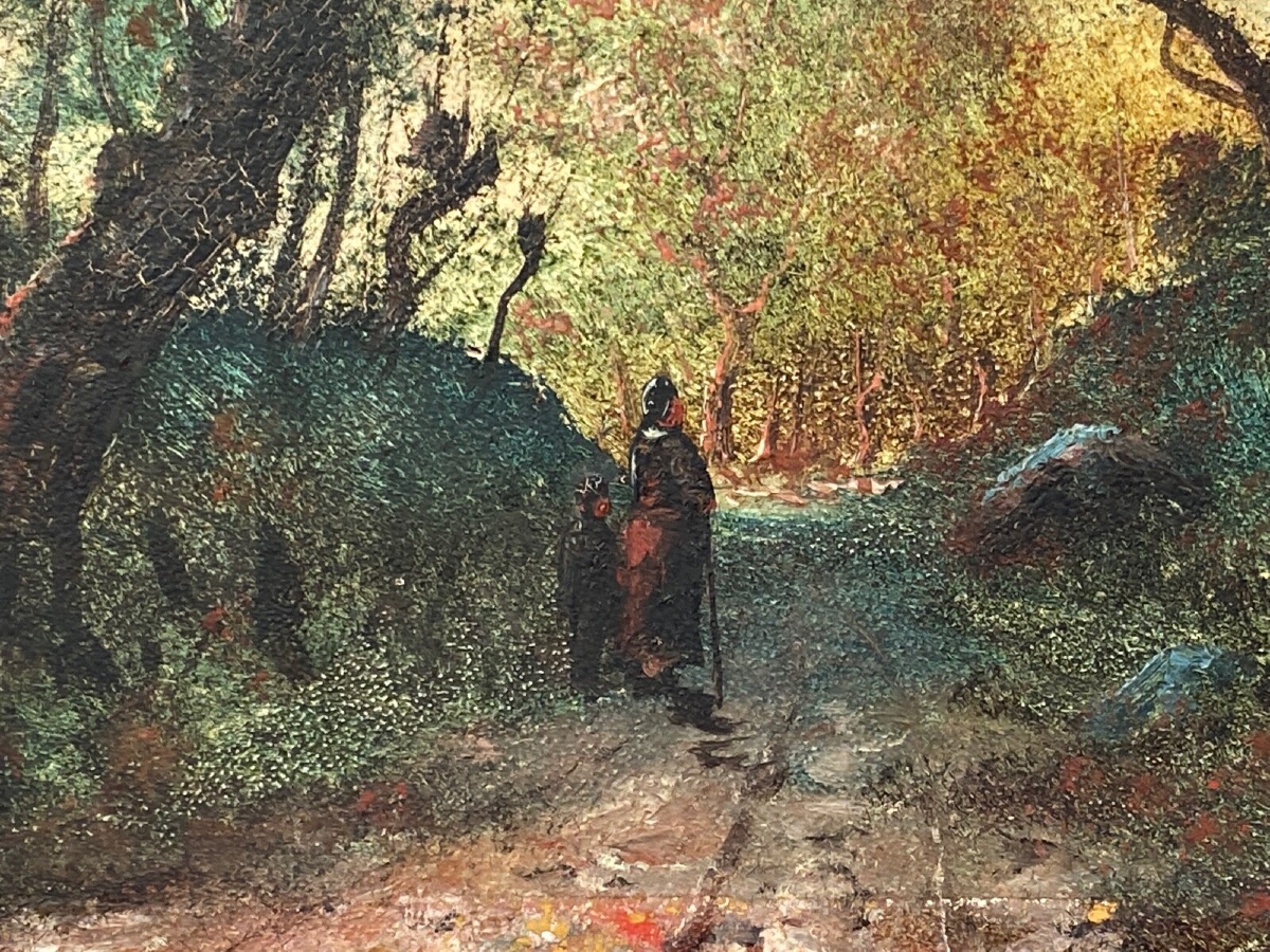 Huile sur panneau Barbizon fin XIXe femme à l'enfant chemin sous-bois-photo-4