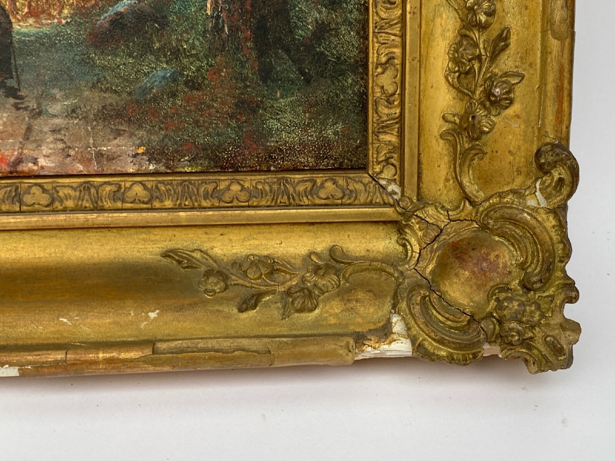 Huile sur panneau Barbizon fin XIXe femme à l'enfant chemin sous-bois-photo-6