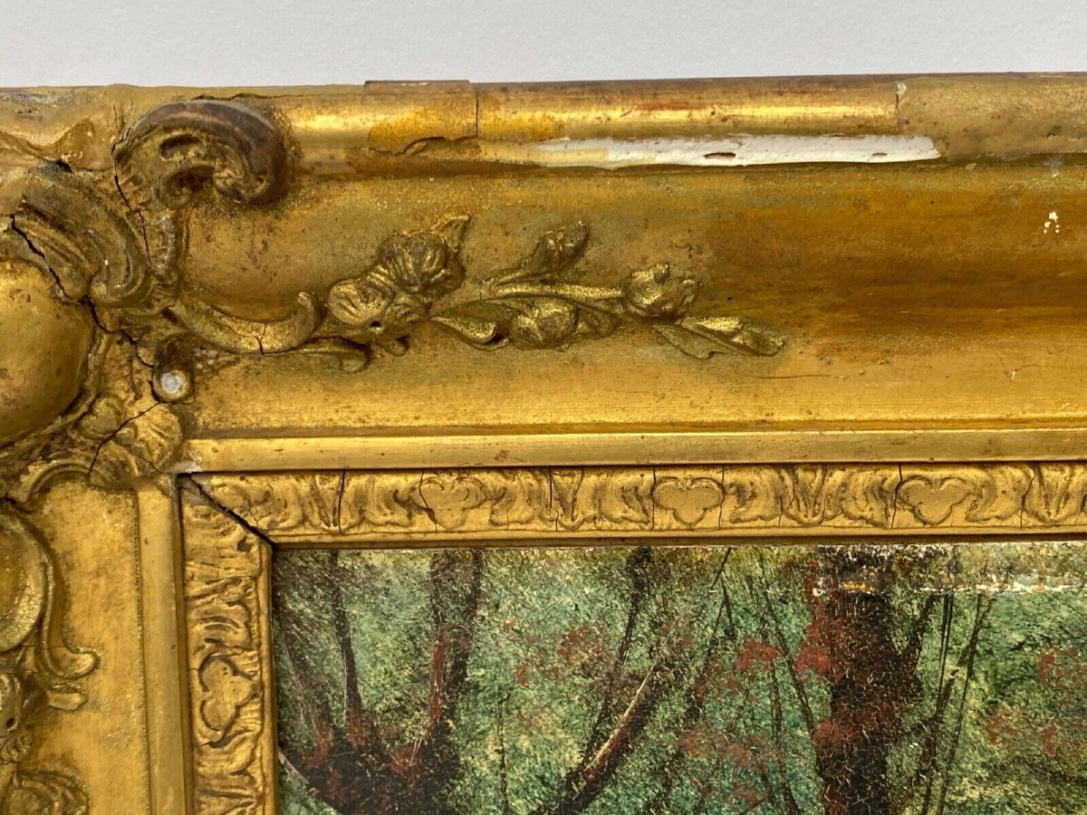 Huile sur panneau Barbizon fin XIXe femme à l'enfant chemin sous-bois-photo-7