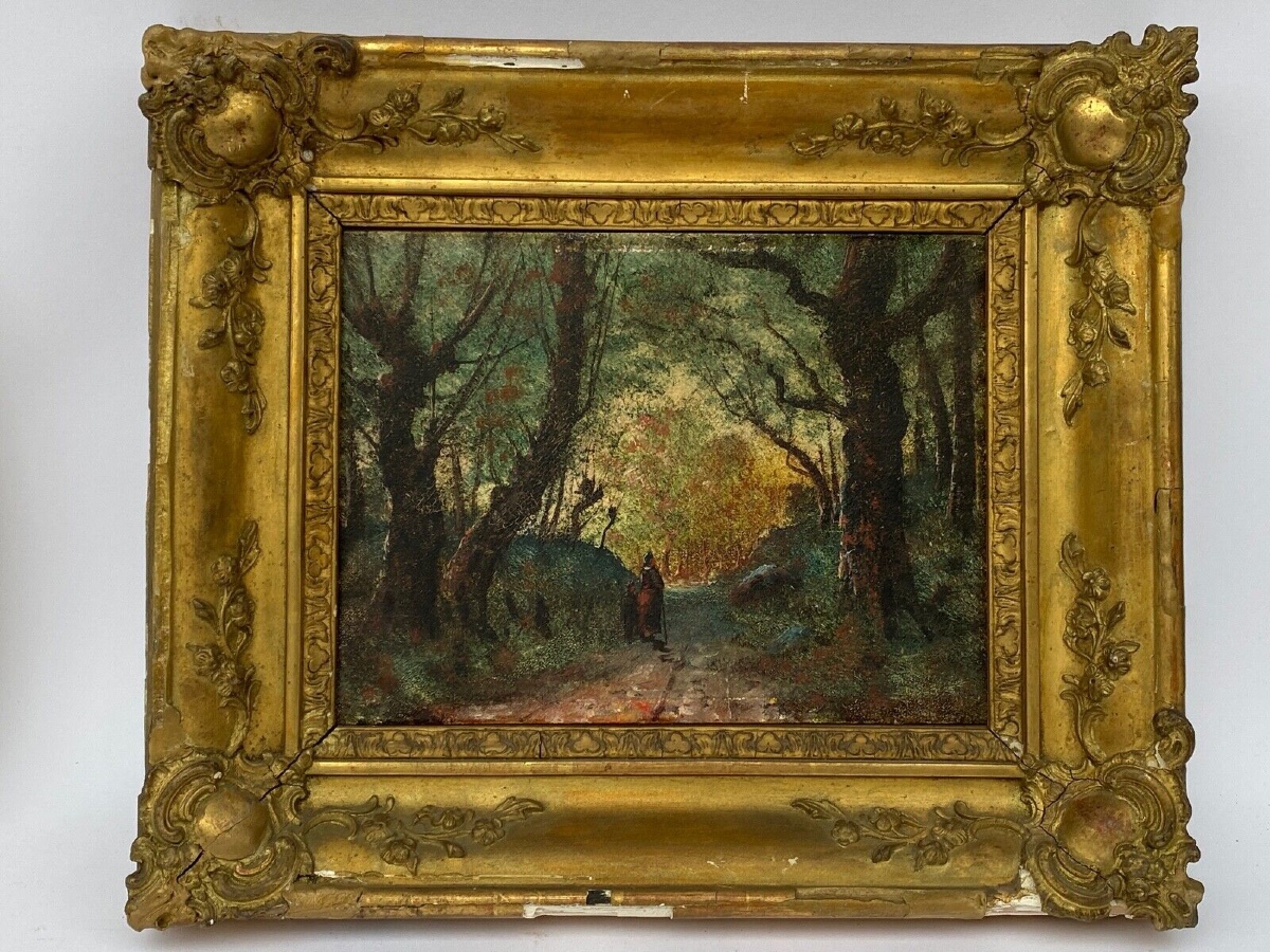 Huile sur panneau Barbizon fin XIXe femme à l'enfant chemin sous-bois