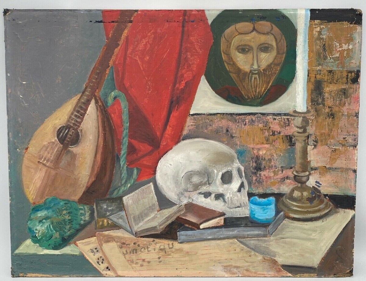 Huile sur carton nature morte à la mandoline avec crâne-photo-2