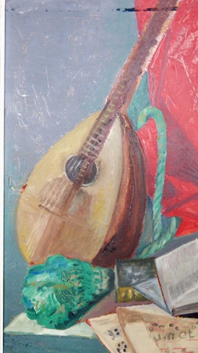 Huile sur carton nature morte à la mandoline avec crâne-photo-1