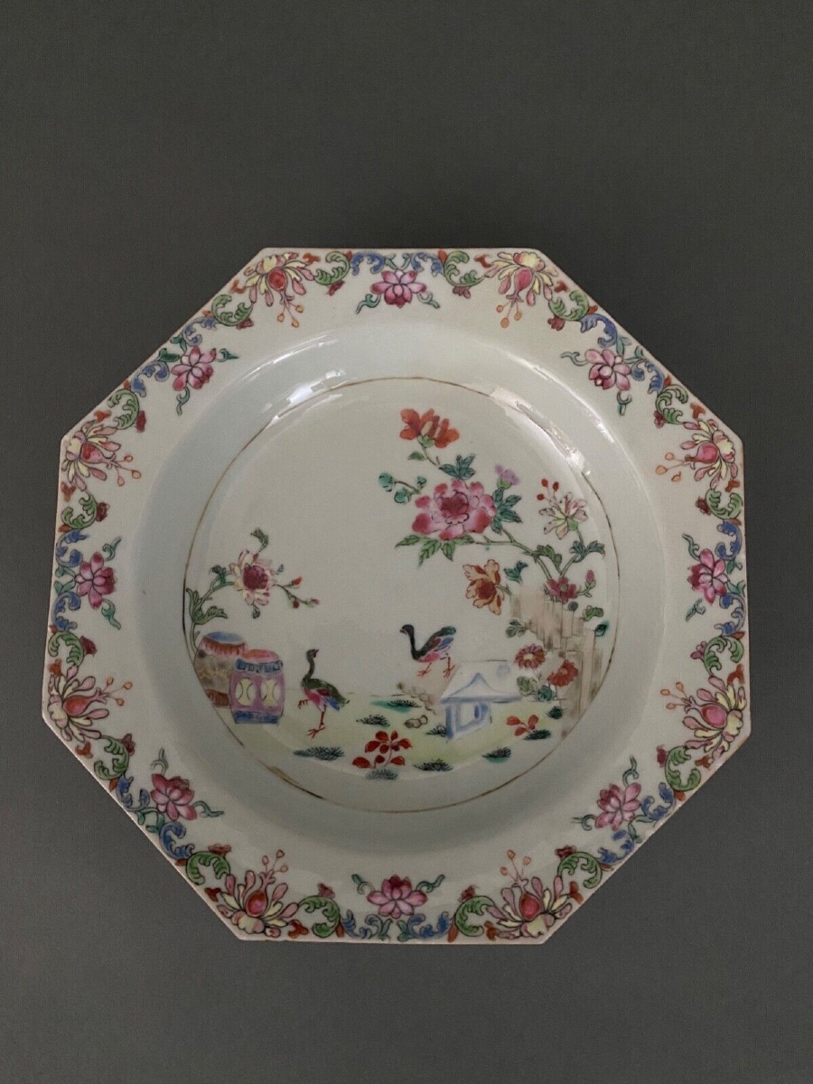 Octagonal Tournai Hollow Porcelain Plate, Chinese Style, 18th Century-photo-2
