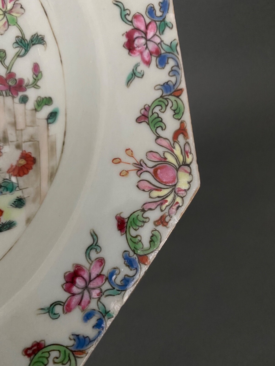 Octagonal Tournai Hollow Porcelain Plate, Chinese Style, 18th Century-photo-4