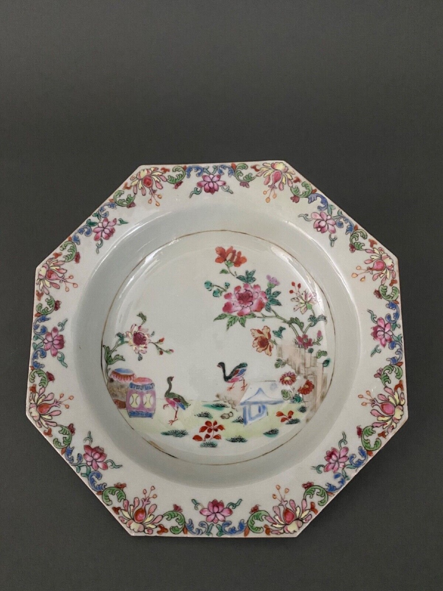 Octagonal Tournai Hollow Porcelain Plate, Chinese Style, 18th Century