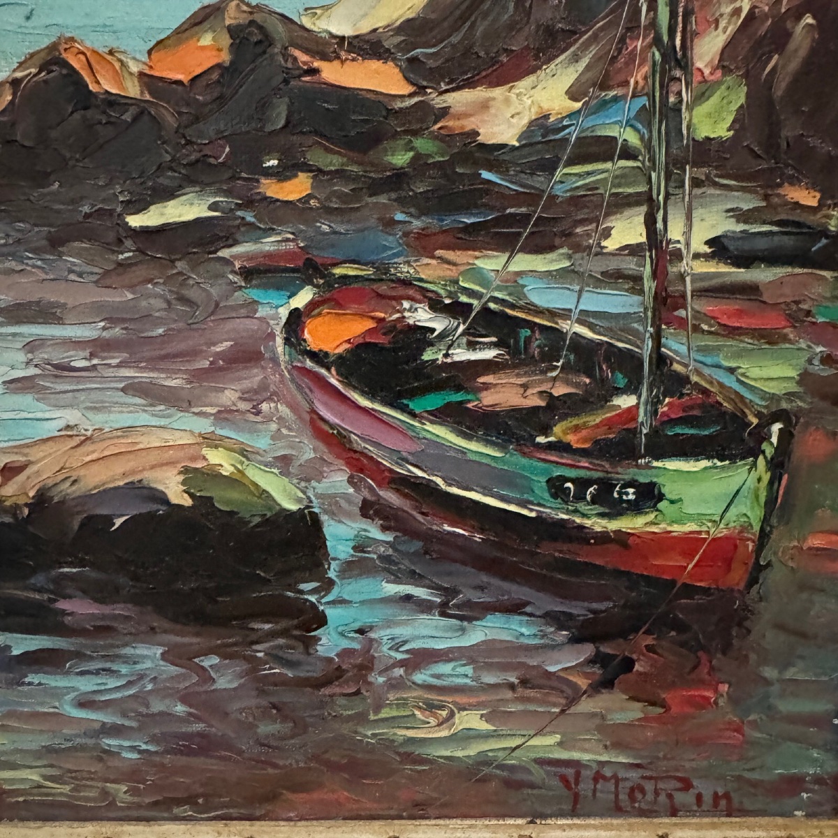 Huile sur toile bateaux de pêcheurs 1950 par Y. Morin-photo-4