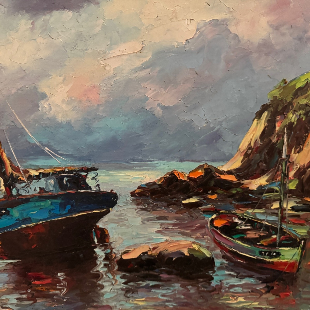 Huile sur toile bateaux de pêcheurs 1950 par Y. Morin-photo-3