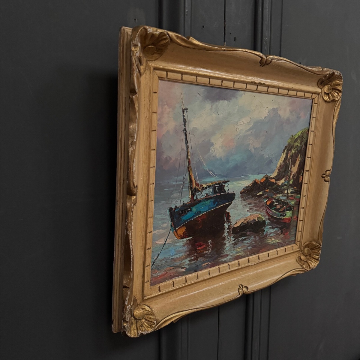 Huile sur toile bateaux de pêcheurs 1950 par Y. Morin-photo-4