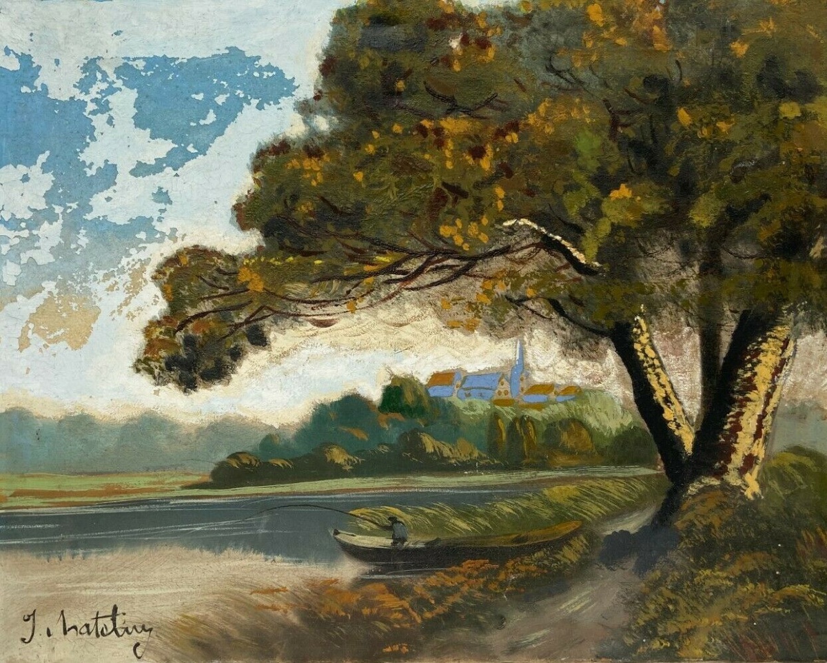 Huile sur toile par J. Hatetuy paysage scène de pêcheurs XXe-photo-2