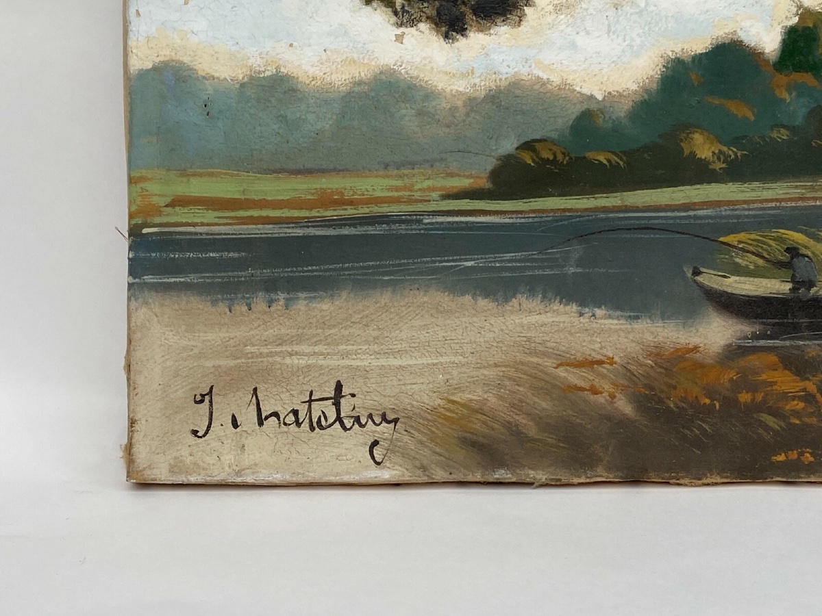 Huile sur toile par J. Hatetuy paysage scène de pêcheurs XXe-photo-2