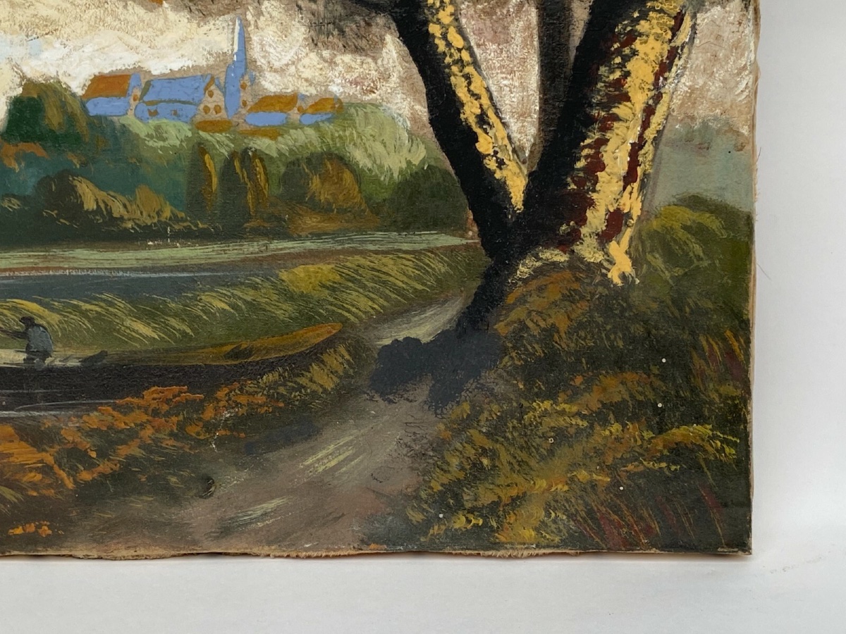 Huile sur toile par J. Hatetuy paysage scène de pêcheurs XXe-photo-3