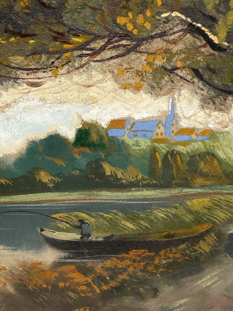 Huile sur toile par J. Hatetuy paysage scène de pêcheurs XXe-photo-4