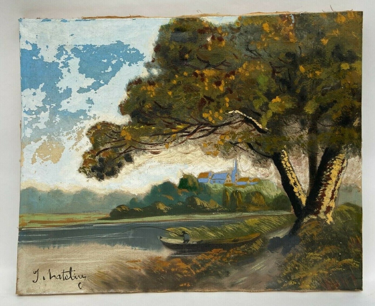 Huile sur toile par J. Hatetuy paysage scène de pêcheurs XXe