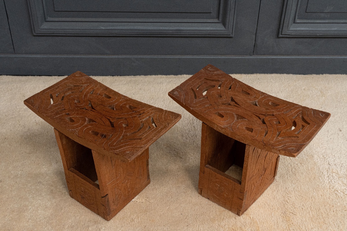 Paire de tabourets orientaux en bois sculpté ajouré XXe-photo-4
