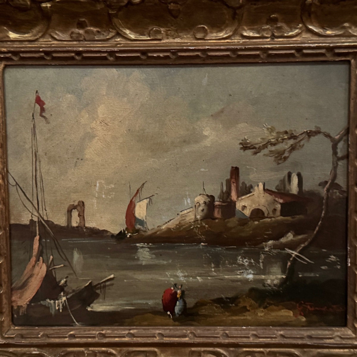 Oil On Panel, Port Scene, Late 19th Century, Gilded Frame-photo-2