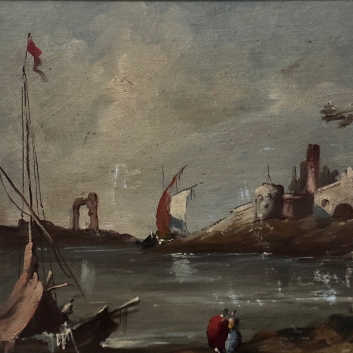 Oil On Panel, Port Scene, Late 19th Century, Gilded Frame-photo-3