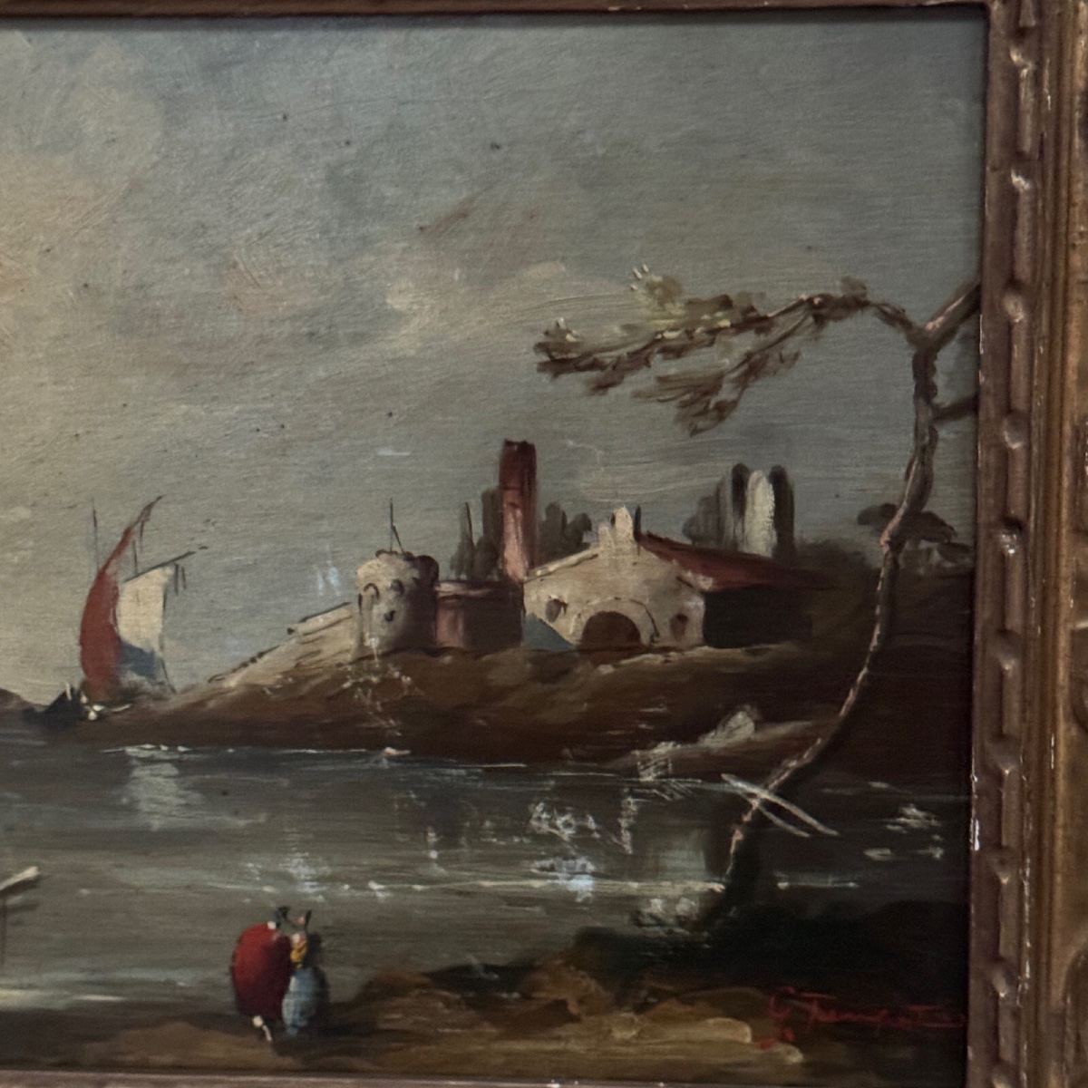 Oil On Panel, Port Scene, Late 19th Century, Gilded Frame-photo-4
