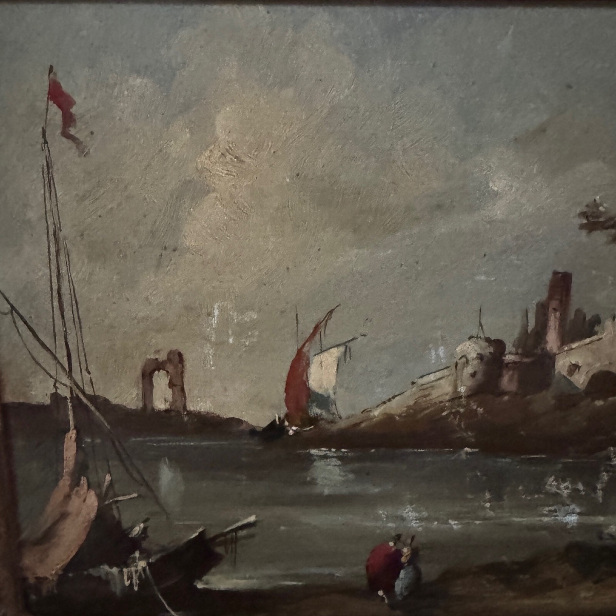 Oil On Panel, Port Scene, Late 19th Century, Gilded Frame-photo-2
