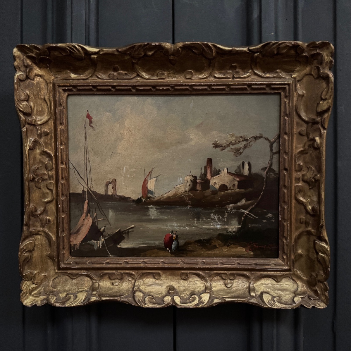 Oil On Panel, Port Scene, Late 19th Century, Gilded Frame