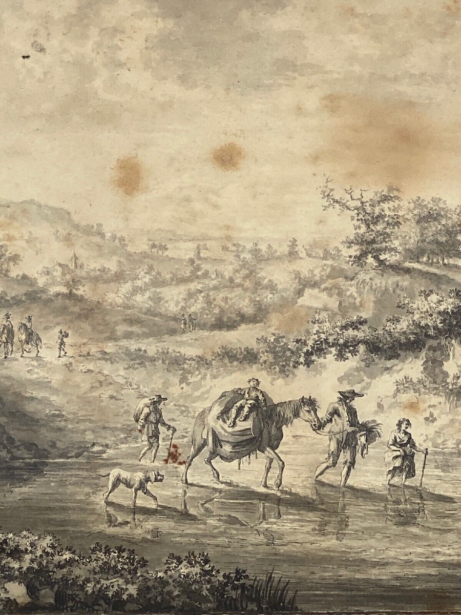 Dessin sur papier par Brandt famille enfant à cheval XVIIIe-photo-4