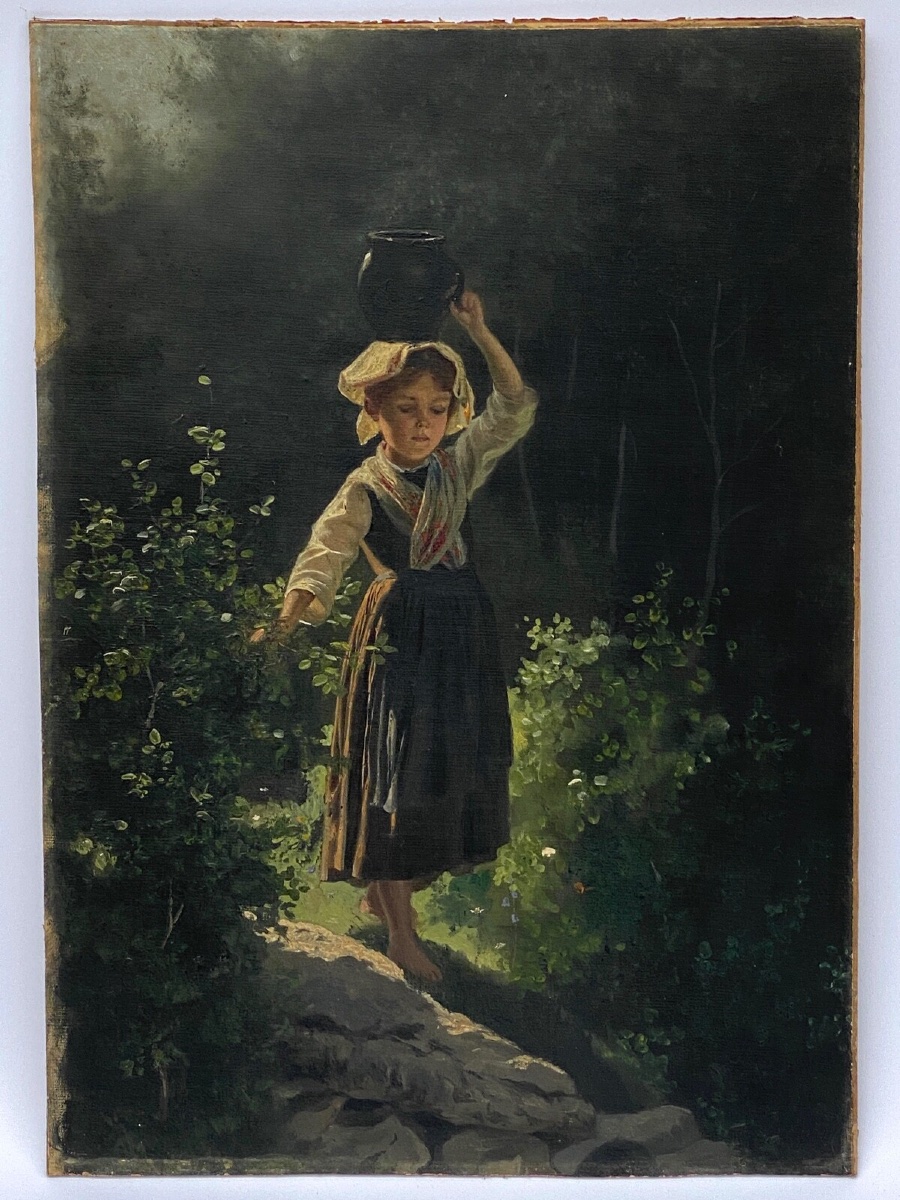 Oil On Cardboard, Young Girl With A Jug, Late 19th Century, Barbizon Undergrowth-photo-2