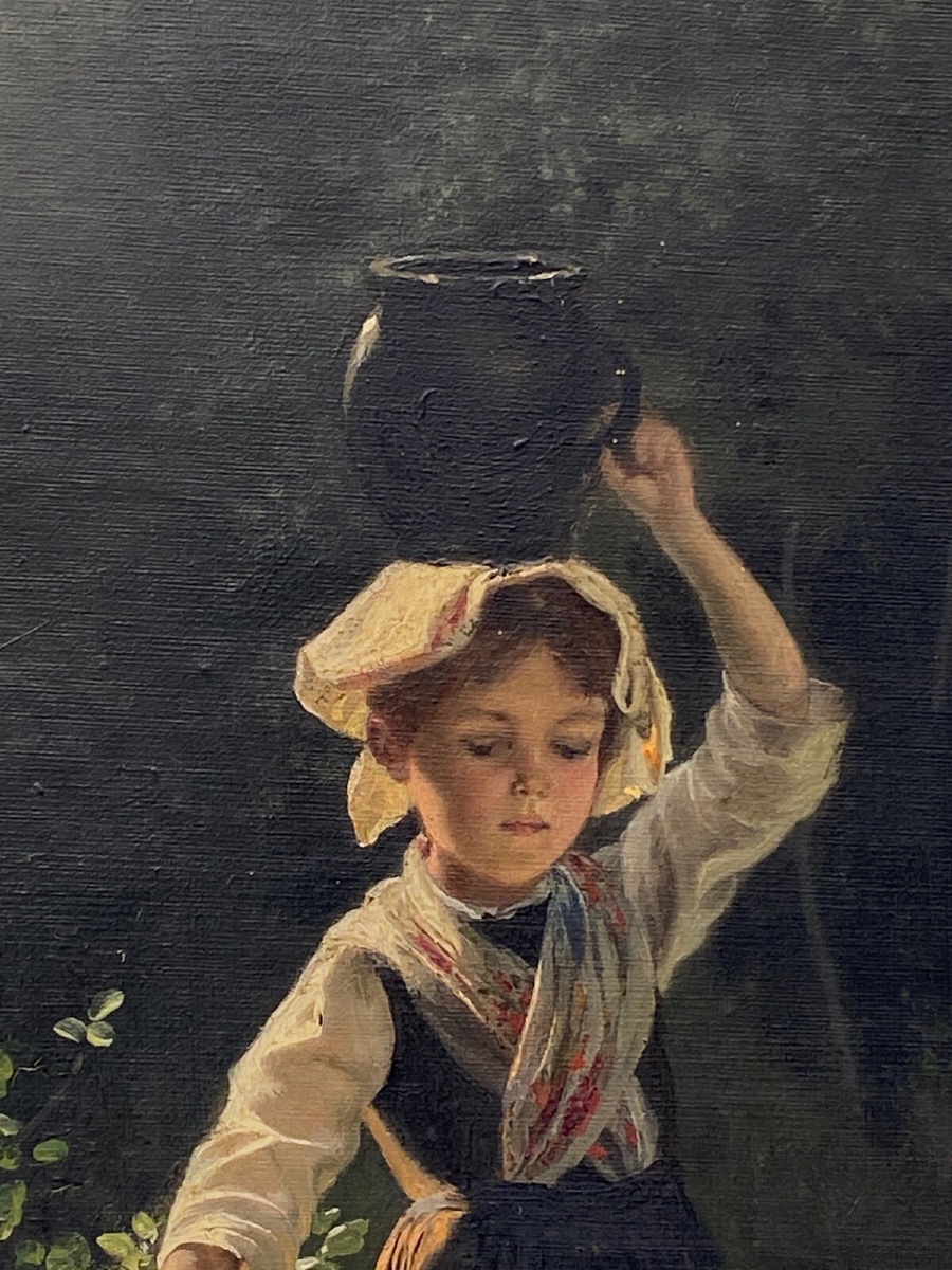 Oil On Cardboard, Young Girl With A Jug, Late 19th Century, Barbizon Undergrowth-photo-1