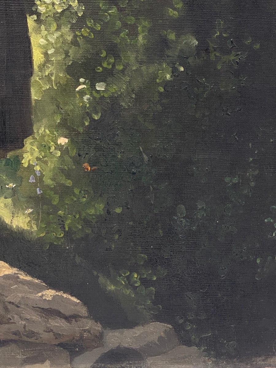 Oil On Cardboard, Young Girl With A Jug, Late 19th Century, Barbizon Undergrowth-photo-3