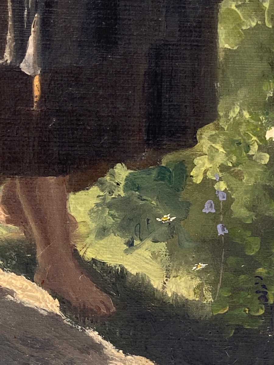 Oil On Cardboard, Young Girl With A Jug, Late 19th Century, Barbizon Undergrowth-photo-4