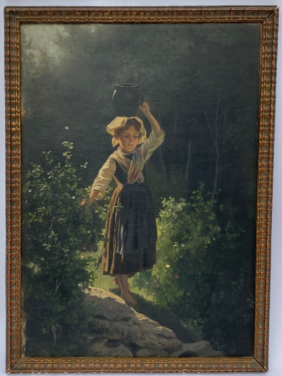 Oil On Cardboard, Young Girl With A Jug, Late 19th Century, Barbizon Undergrowth