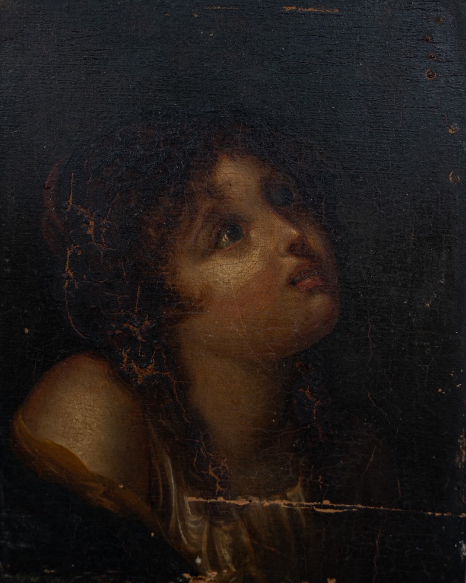 Portrait Of A Young Child In Bliss, 18th Century, On Wooden Panel-photo-2