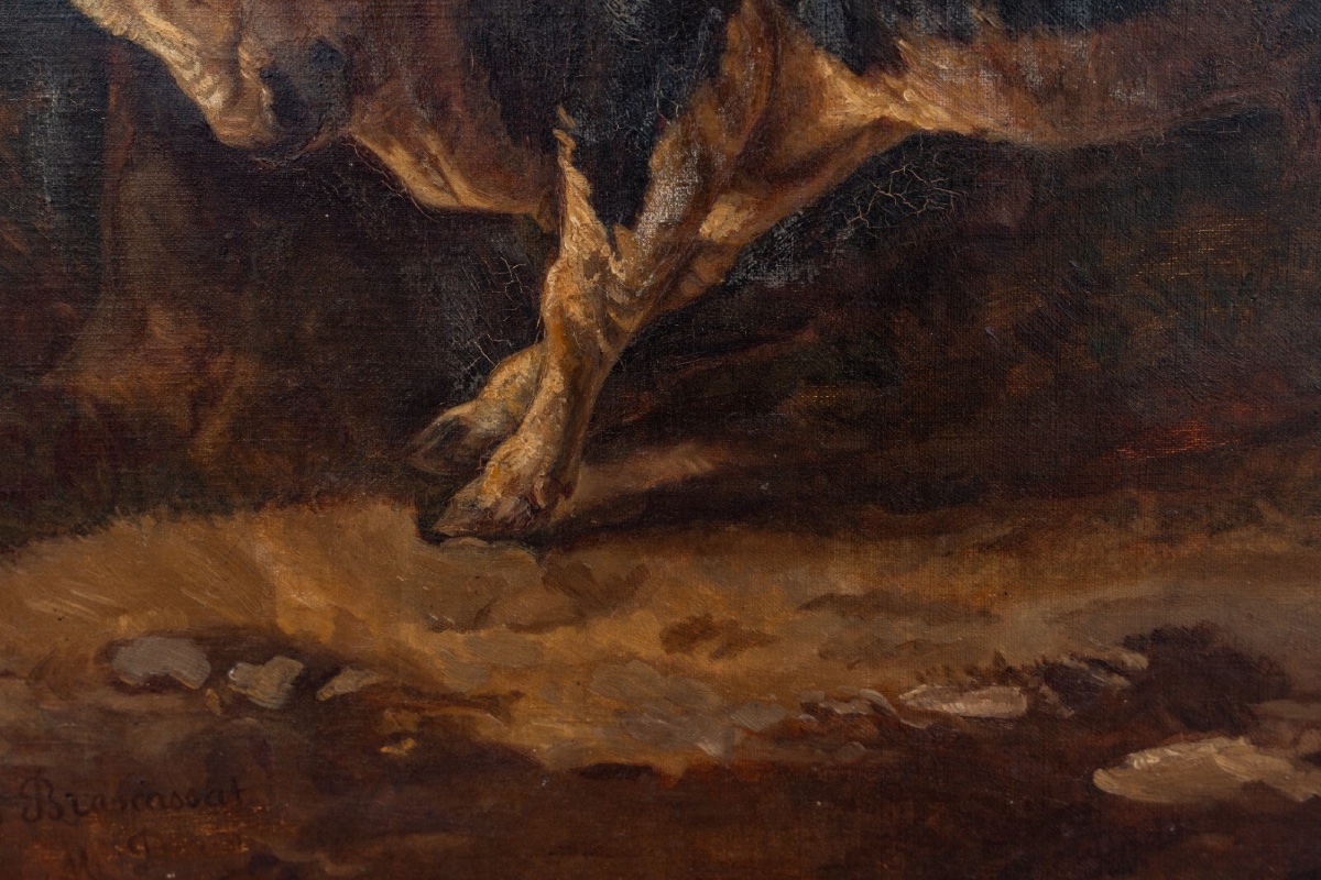 Oil On Canvas Bull Rubbing Itself Against A Tree After Brascassat-photo-4