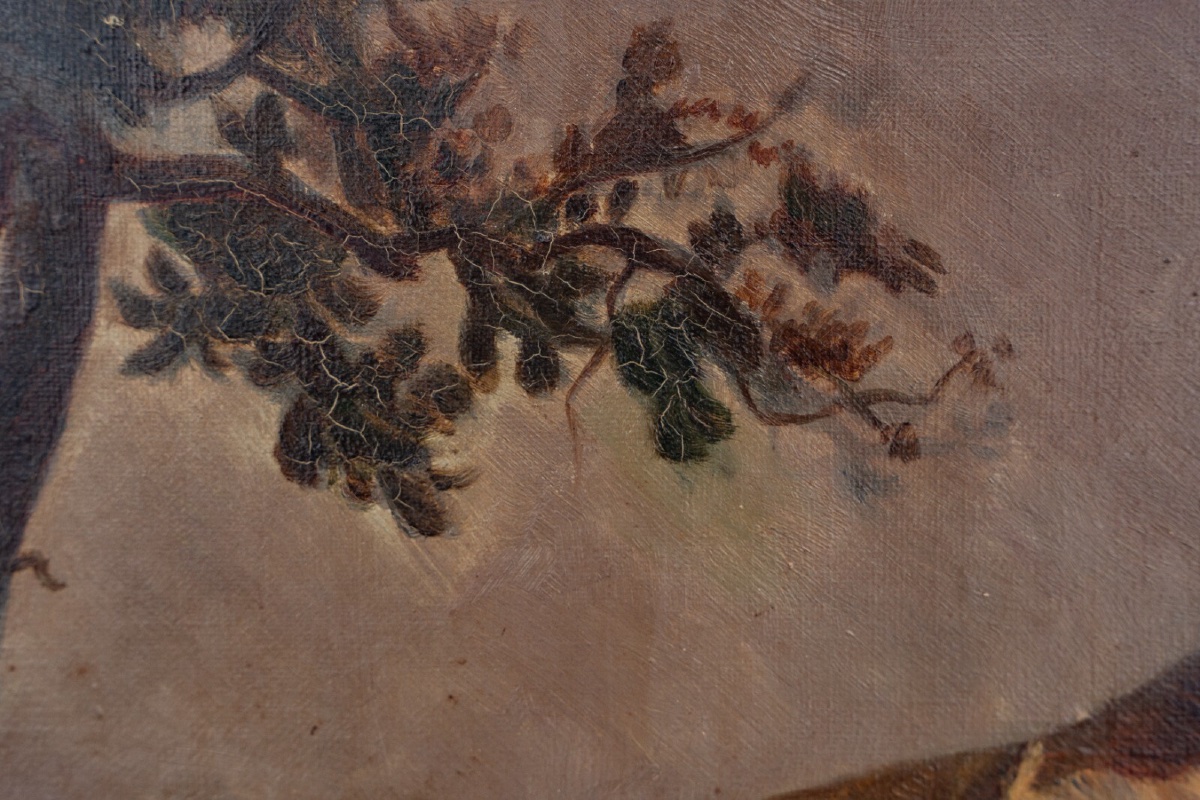 Oil On Canvas Bull Rubbing Itself Against A Tree After Brascassat-photo-1