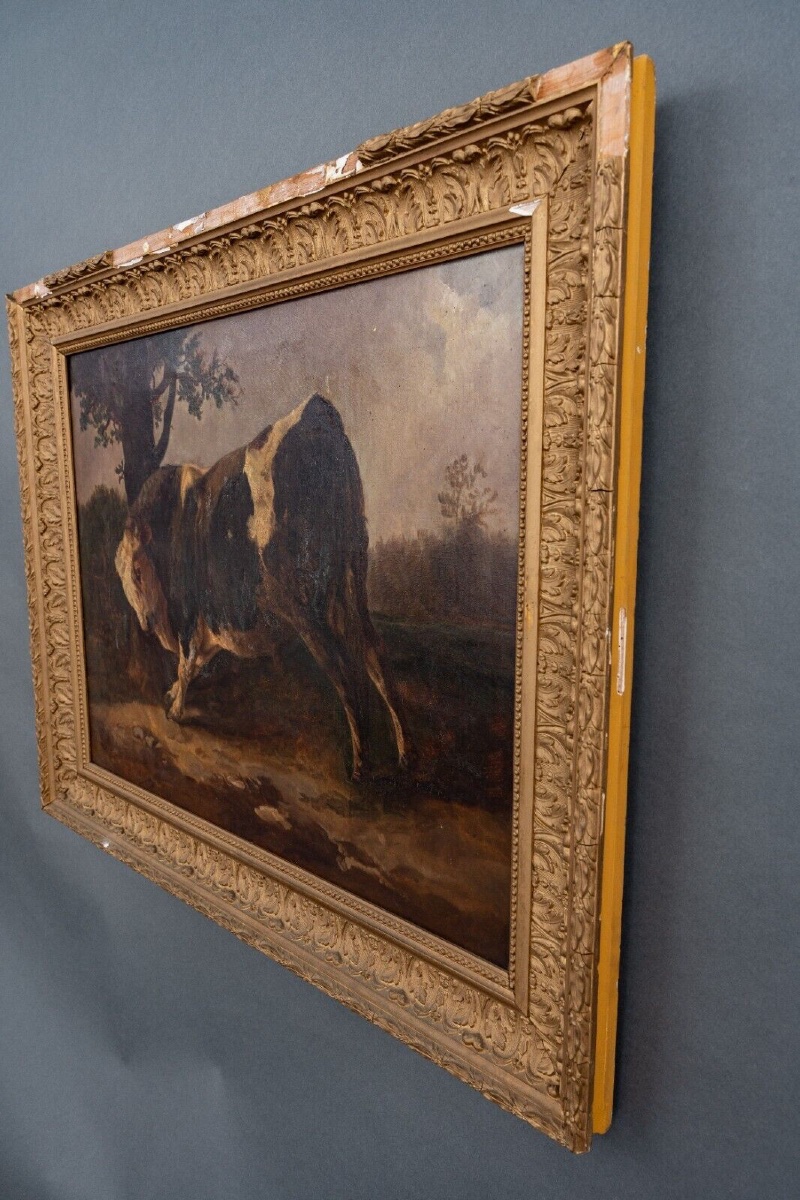 Oil On Canvas Bull Rubbing Itself Against A Tree After Brascassat-photo-2